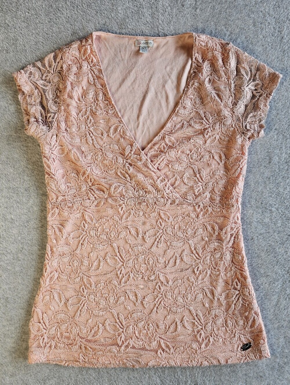 Guess Women's XS Lace Overlay V-Neck Top - Blush Pink